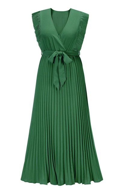 Slim Fit Sexy Lotus Leaf Sleeve Chiffon Pleated Skirt Solid Color Dress-chiquechics
