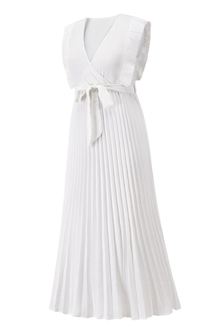 Slim Fit Sexy Lotus Leaf Sleeve Chiffon Pleated Skirt Solid Color Dress-chiquechics