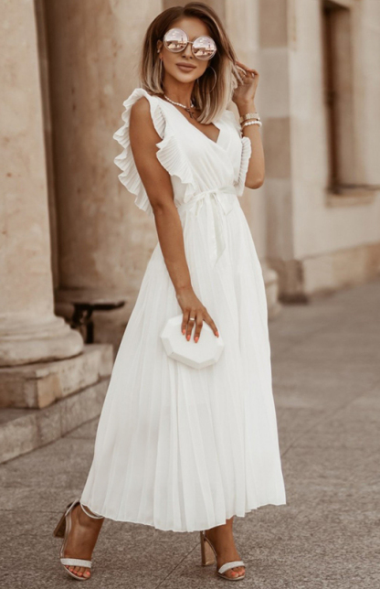 Slim Fit Sexy Lotus Leaf Sleeve Chiffon Pleated Skirt Solid Color Dress-chiquechics