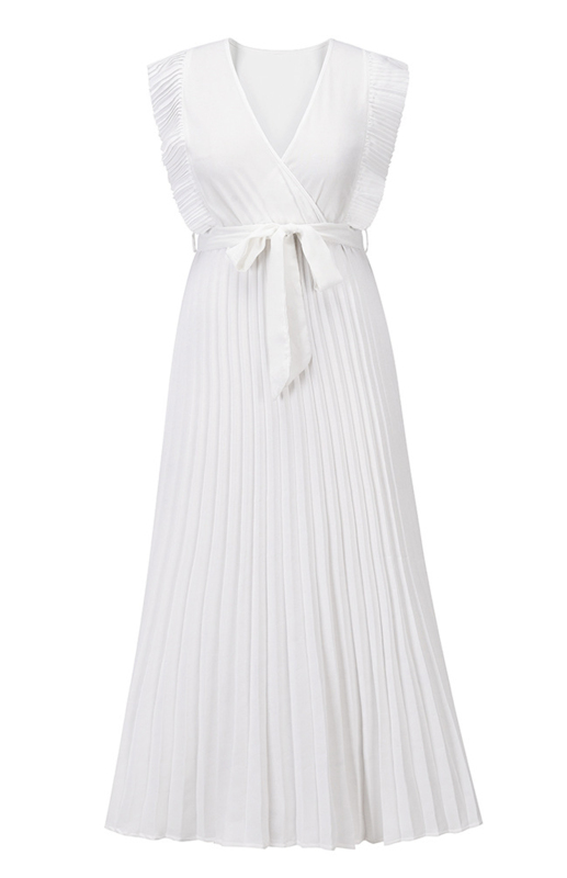 Slim Fit Sexy Lotus Leaf Sleeve Chiffon Pleated Skirt Solid Color Dress-chiquechics