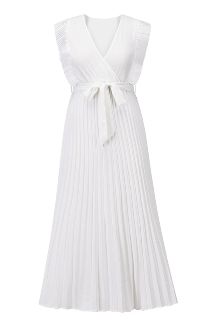 Slim Fit Sexy Lotus Leaf Sleeve Chiffon Pleated Skirt Solid Color Dress-chiquechics