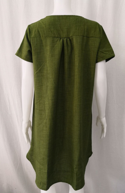 V-Neck Rolled Short Sleeve Gathered Curved Linen Dress-chiquechics