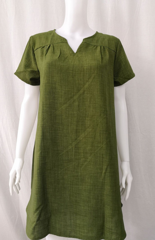 V-Neck Rolled Short Sleeve Gathered Curved Linen Dress-chiquechics