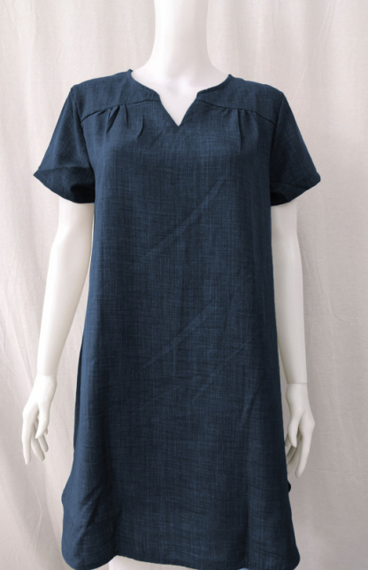 V-Neck Rolled Short Sleeve Gathered Curved Linen Dress-chiquechics