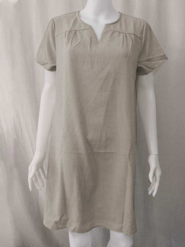 V-Neck Rolled Short Sleeve Gathered Curved Linen Dress-chiquechics