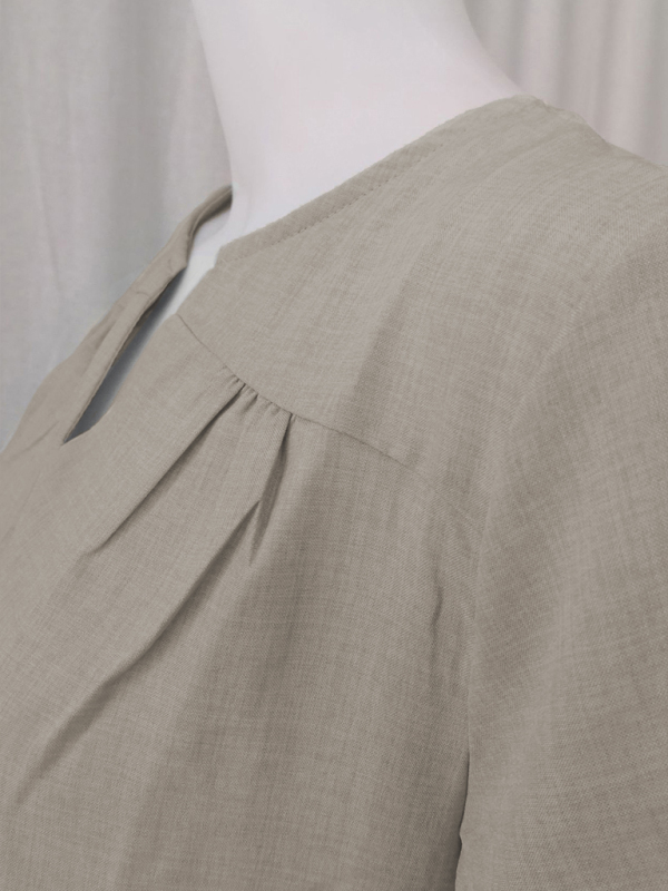 V-Neck Rolled Short Sleeve Gathered Curved Linen Dress-chiquechics