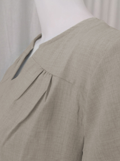 V-Neck Rolled Short Sleeve Gathered Curved Linen Dress-chiquechics