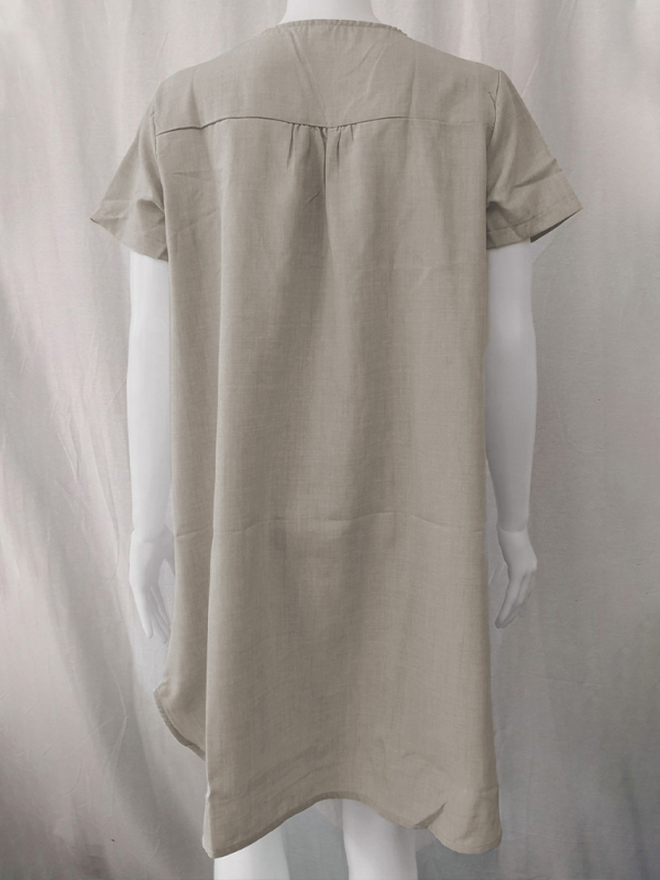V-Neck Rolled Short Sleeve Gathered Curved Linen Dress-chiquechics