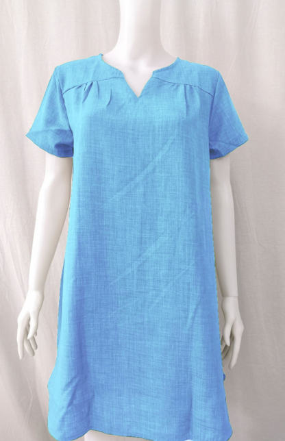 V-Neck Rolled Short Sleeve Gathered Curved Linen Dress-chiquechics