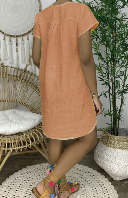 V-Neck Rolled Short Sleeve Gathered Curved Linen Dress-chiquechics