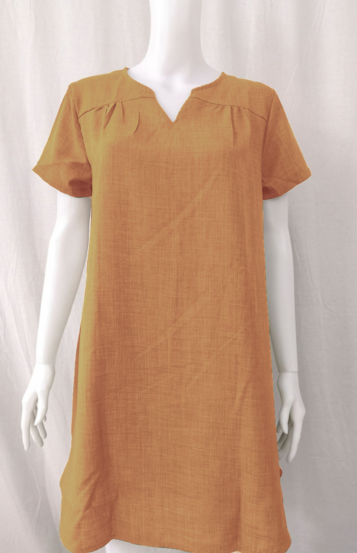 V-Neck Rolled Short Sleeve Gathered Curved Linen Dress-chiquechics
