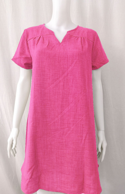 V-Neck Rolled Short Sleeve Gathered Curved Linen Dress-chiquechics