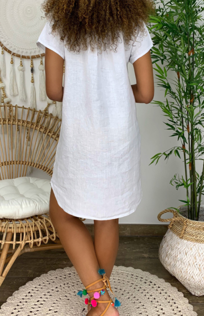 V-Neck Rolled Short Sleeve Gathered Curved Linen Dress-chiquechics