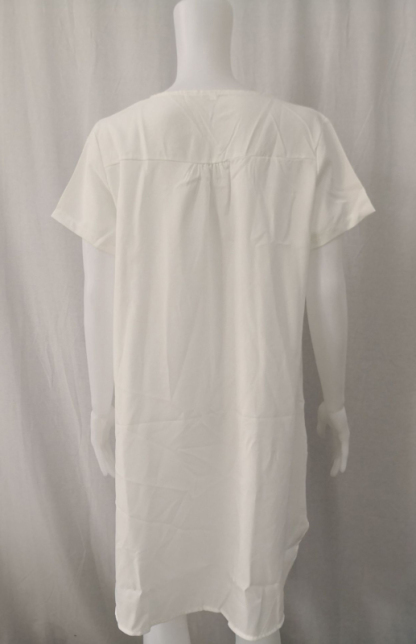 V-Neck Rolled Short Sleeve Gathered Curved Linen Dress-chiquechics
