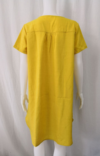 V-Neck Rolled Short Sleeve Gathered Curved Linen Dress-chiquechics
