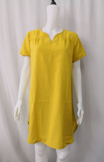 V-Neck Rolled Short Sleeve Gathered Curved Linen Dress-chiquechics