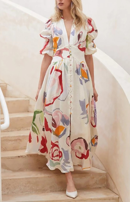 V-neck Slim Fit Chiffon Print Maxi Beach Dress-chiquechics