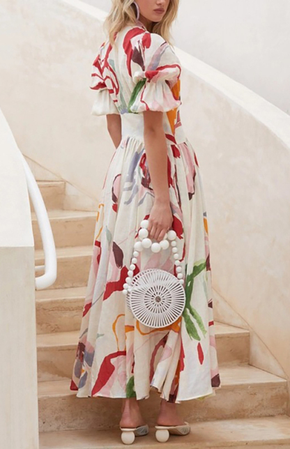 V-neck Slim Fit Chiffon Print Maxi Beach Dress-chiquechics
