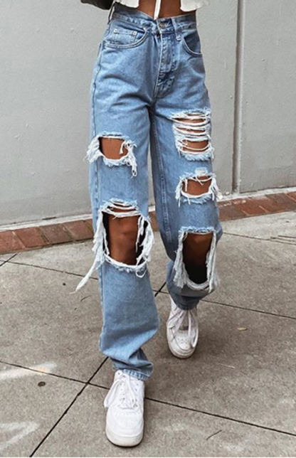 Ladies Ripped Wash Style Denim Trousers-chiquechics