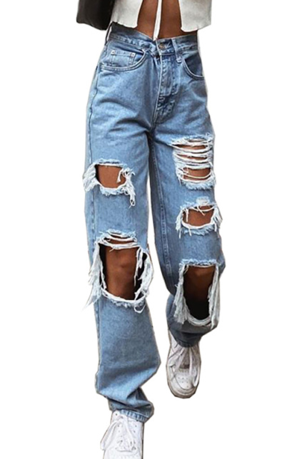Ladies Ripped Wash Style Denim Trousers-chiquechics