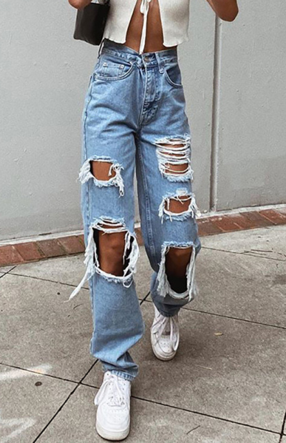 Ladies Ripped Wash Style Denim Trousers-chiquechics