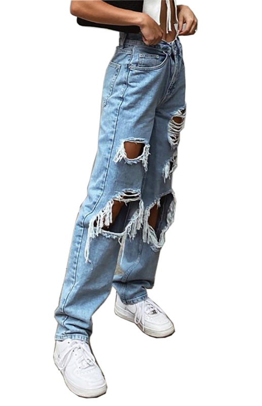 Ladies Ripped Wash Style Denim Trousers-chiquechics
