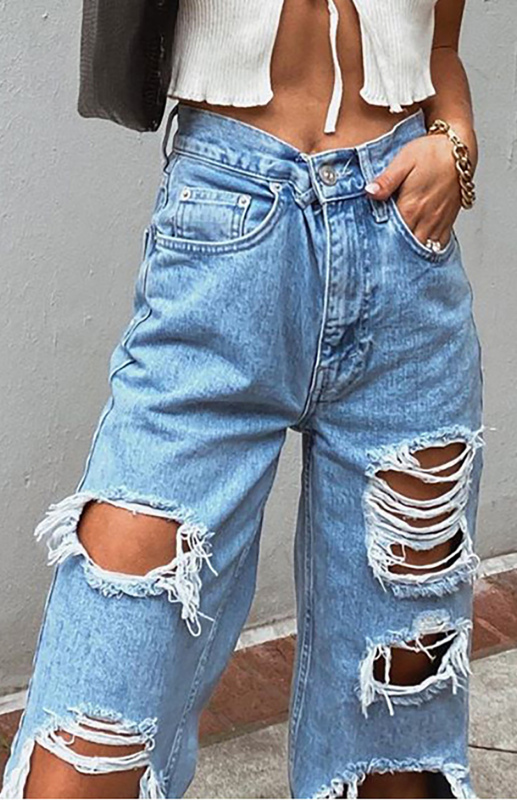 Ladies Ripped Wash Style Denim Trousers-chiquechics
