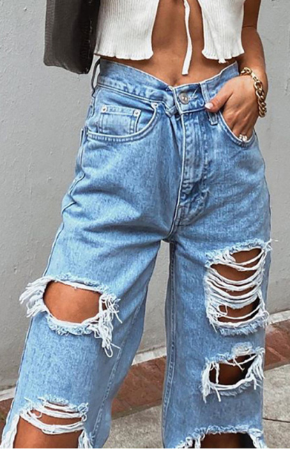 Ladies Ripped Wash Style Denim Trousers-chiquechics