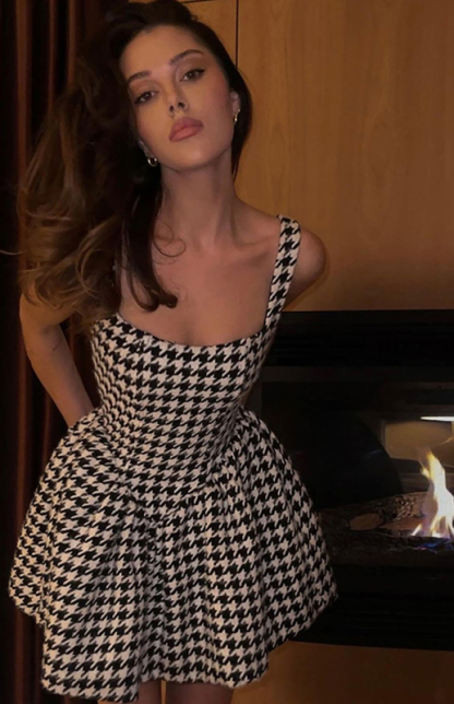 Sling Word Neck Sexy Backless Houndstooth Temperament Slim Dress-chiquechics