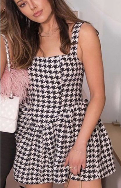 Sling Word Neck Sexy Backless Houndstooth Temperament Slim Dress-chiquechics