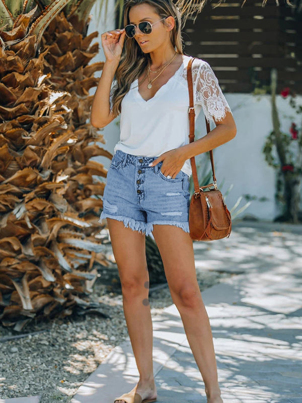 Women's Shorts Mid Waist Buttoned Jeans Washed Ripped Denim Shorts-chiquechics
