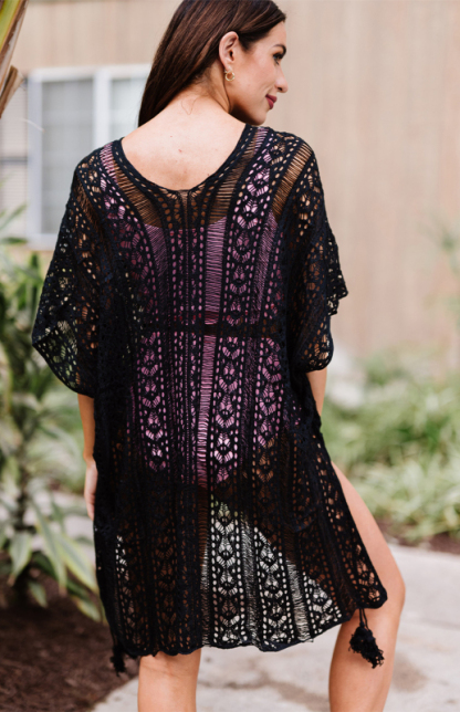 Crochet Knitted Tassel Tie Kimono Beachwear-chiquechics