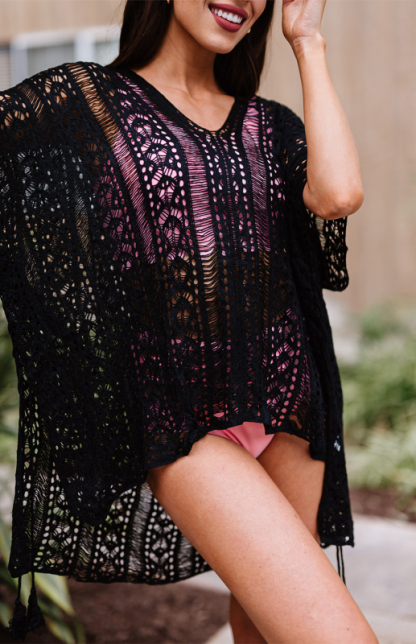 Crochet Knitted Tassel Tie Kimono Beachwear-chiquechics