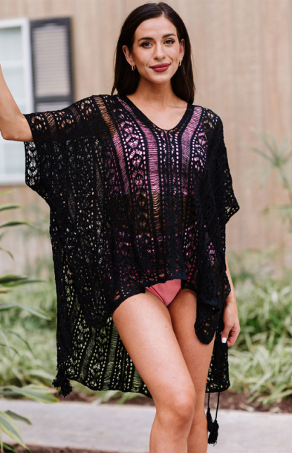 Crochet Knitted Tassel Tie Kimono Beachwear-chiquechics
