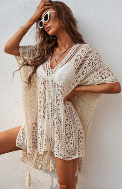 Crochet Knitted Tassel Tie Kimono Beachwear-chiquechics