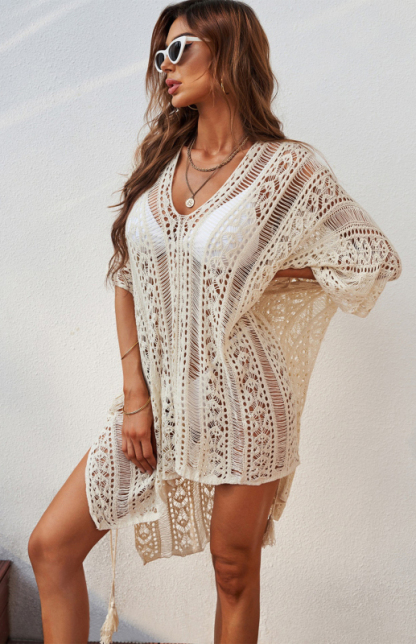 Crochet Knitted Tassel Tie Kimono Beachwear-chiquechics