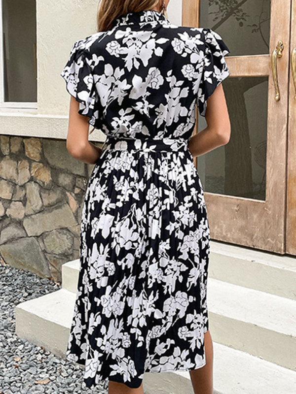 High Waist Midi Dress Printed Black Foreign Trade Dress-chiquechics