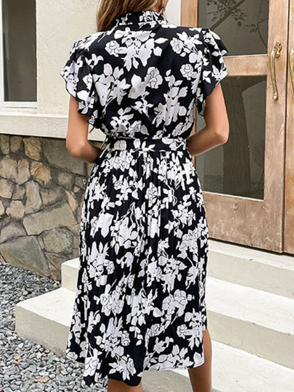 High Waist Midi Dress Printed Black Foreign Trade Dress-chiquechics