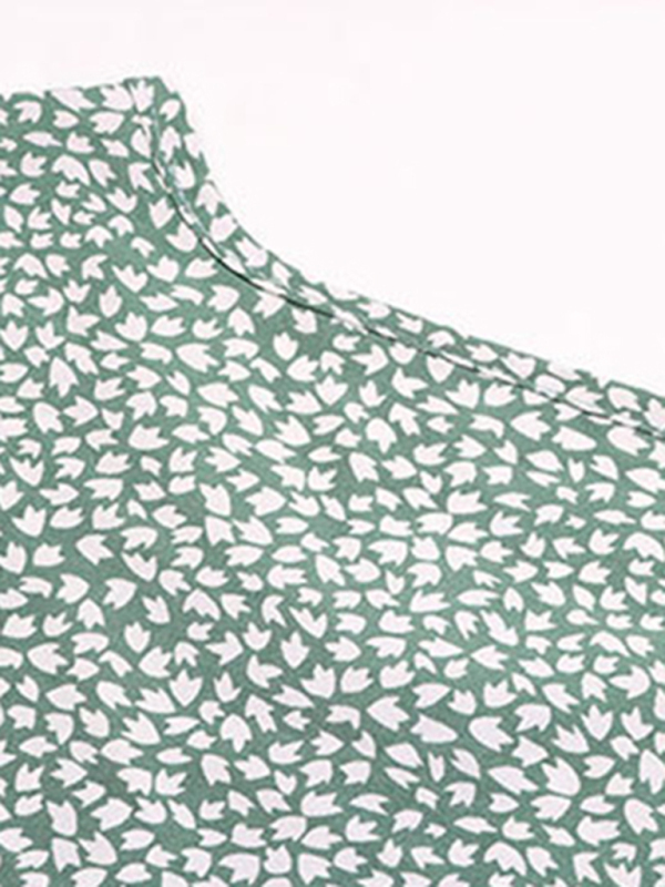 Casual Dress Lace-Up Pleated Green Floral Dress-chiquechics