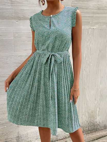 Casual Dress Lace-Up Pleated Green Floral Dress-chiquechics