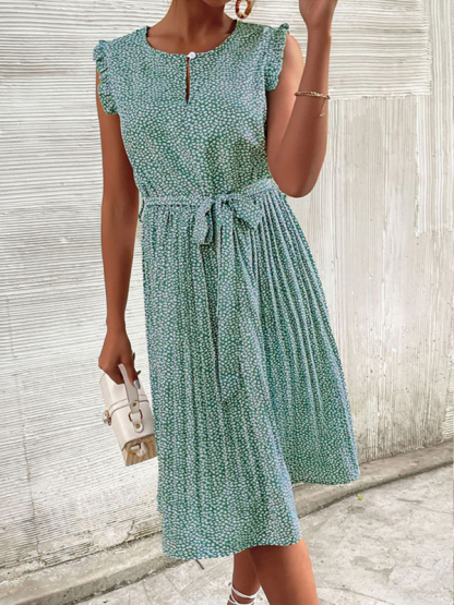 Casual Dress Lace-Up Pleated Green Floral Dress-chiquechics