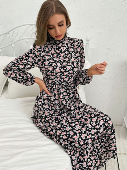 mid-length turtleneck pleated print dress-chiquechics