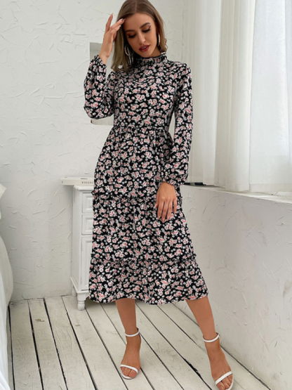 mid-length turtleneck pleated print dress-chiquechics