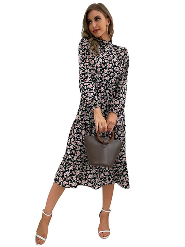 mid-length turtleneck pleated print dress-chiquechics