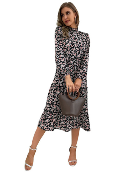 mid-length turtleneck pleated print dress-chiquechics