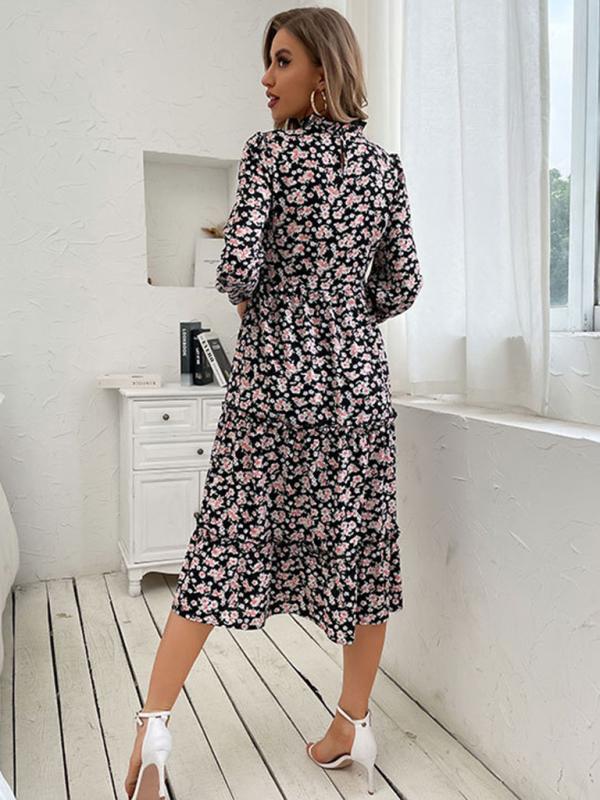 mid-length turtleneck pleated print dress-chiquechics