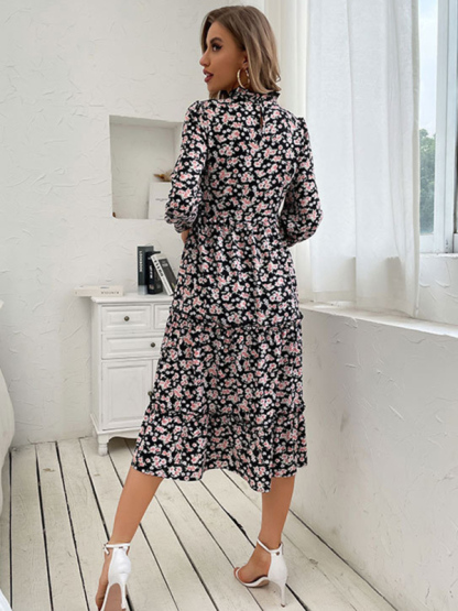 mid-length turtleneck pleated print dress-chiquechics