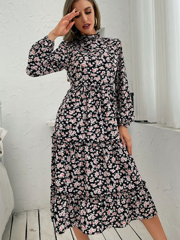 mid-length turtleneck pleated print dress-chiquechics