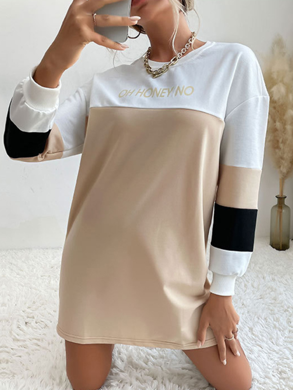 European and American Long Sleeve Dress Print Contrast Color Loose Sweater Dress-chiquechics