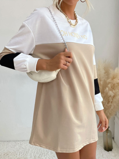 European and American Long Sleeve Dress Print Contrast Color Loose Sweater Dress-chiquechics